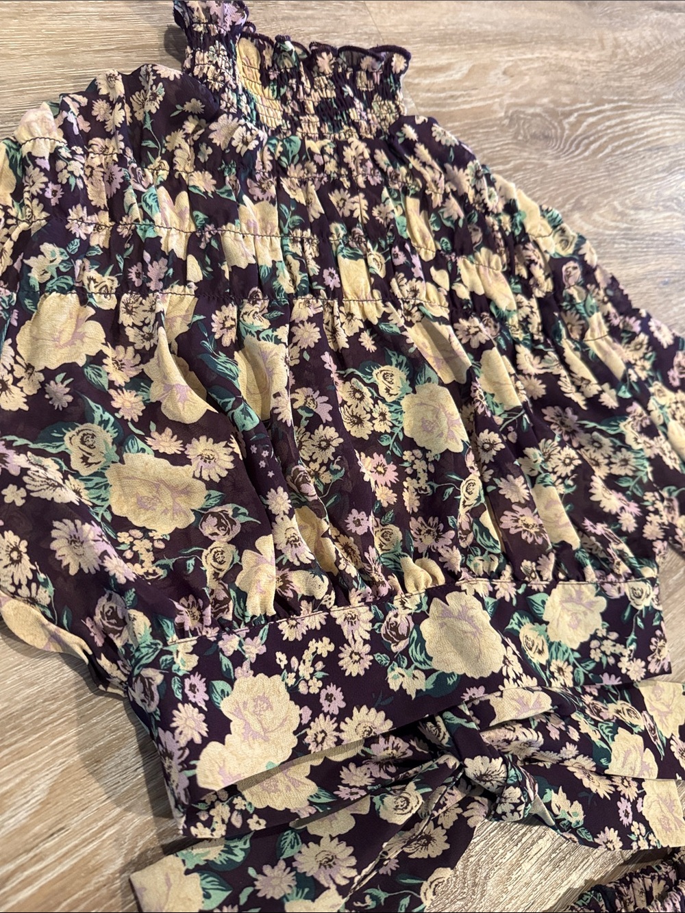 TALULAH Purple Floral Smocked Midi Skirt with Yellow Roses
